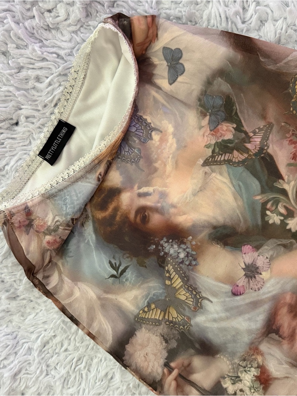 PrettyVintage Angel Print Sheer Top with Butterfly Motif